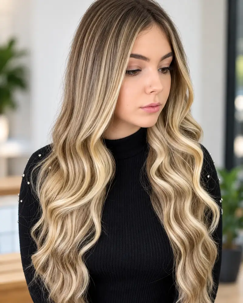 Cabello rubio con ondas suaves y cuello alto negro